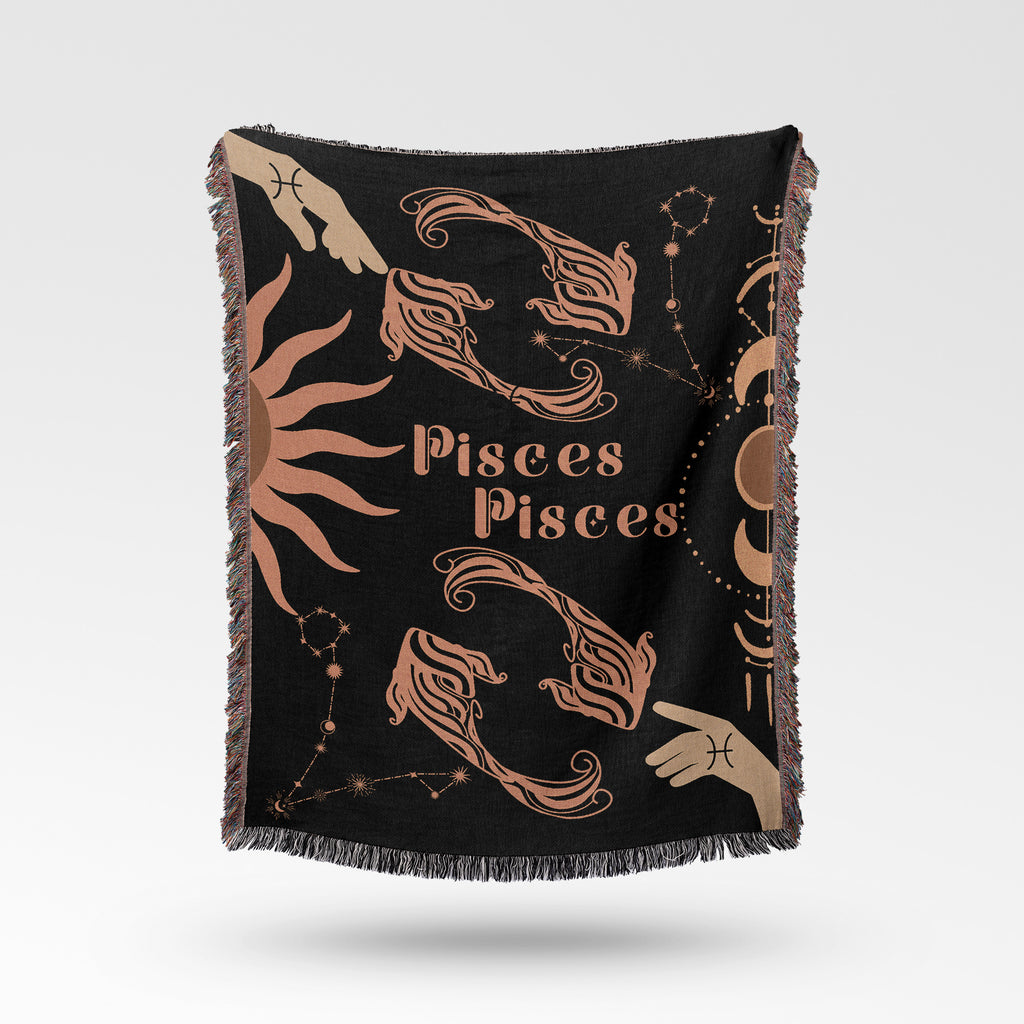 Pisces and Pisces Zodiac Compatibility Woven Throw Tapestry - Elevate home decor with this boho-inspired, celestial charm blanket. Perfect for astrology enthusiasts, featuring Libra and Sagittarius sun signs, adding unique, artistic flair to your living space. Premium cotton, cozy, and decorative.