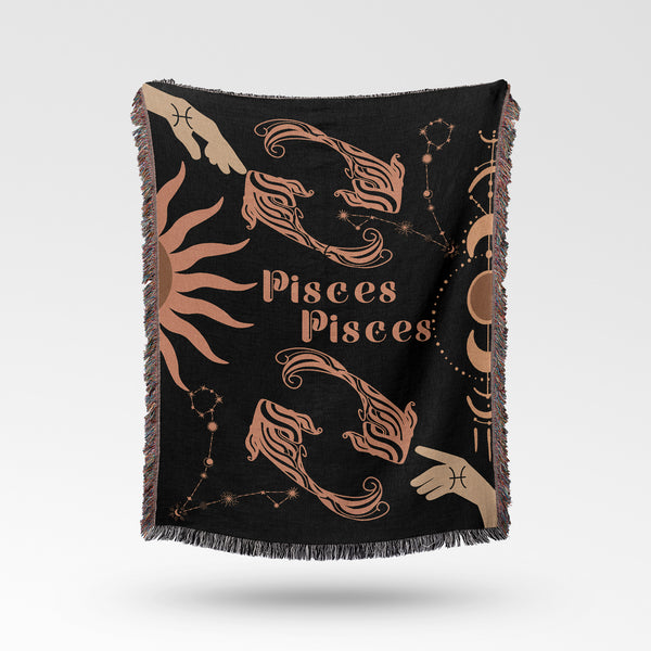 Pisces and Pisces Zodiac Compatibility Woven Throw Tapestry - Elevate home decor with this boho-inspired, celestial charm blanket. Perfect for astrology enthusiasts, featuring Libra and Sagittarius sun signs, adding unique, artistic flair to your living space. Premium cotton, cozy, and decorative.