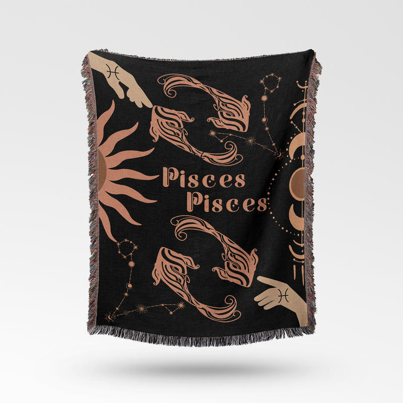 Pisces and Pisces Zodiac Compatibility Woven Throw Tapestry - Elevate home decor with this boho-inspired, celestial charm blanket. Perfect for astrology enthusiasts, featuring Libra and Sagittarius sun signs, adding unique, artistic flair to your living space. Premium cotton, cozy, and decorative.