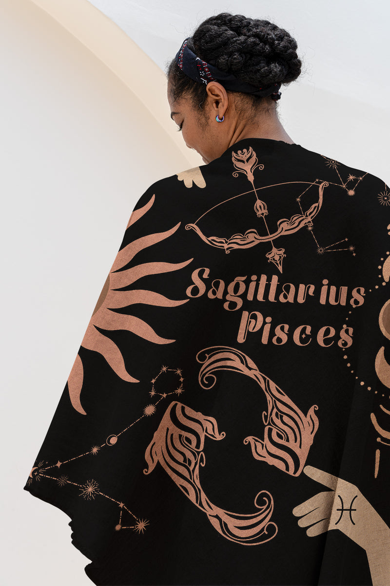 Pisces and Sagittarius Zodiac Compatibility Woven Throw Tapestry - Elevate home decor with this boho-inspired, celestial charm blanket. Perfect for astrology enthusiasts, featuring Pisces and Sagittarius sun signs, adding unique, artistic flair to your living space. Premium cotton, cozy, and decorative.