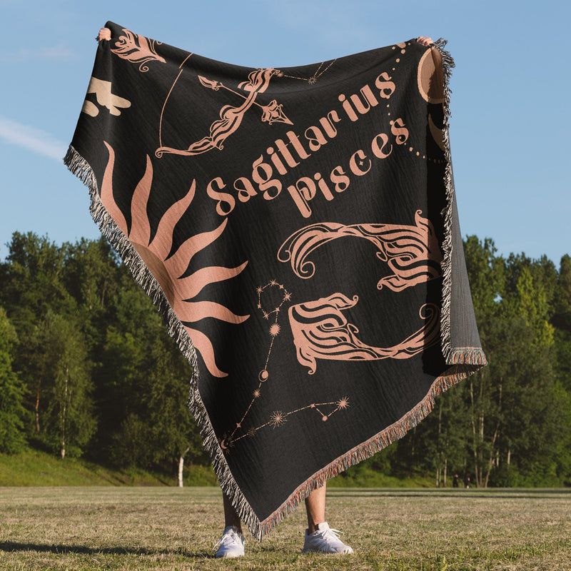 Pisces and Sagittarius Zodiac Compatibility Woven Throw Tapestry - Elevate home decor with this boho-inspired, celestial charm blanket. Perfect for astrology enthusiasts, featuring Pisces and Sagittarius sun signs, adding unique, artistic flair to your living space. Premium cotton, cozy, and decorative.