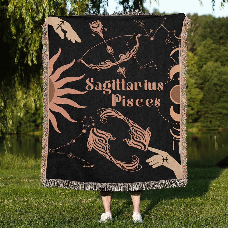 Pisces and Sagittarius Zodiac Compatibility Woven Throw Tapestry - Elevate home decor with this boho-inspired, celestial charm blanket. Perfect for astrology enthusiasts, featuring Pisces and Sagittarius sun signs, adding unique, artistic flair to your living space. Premium cotton, cozy, and decorative.