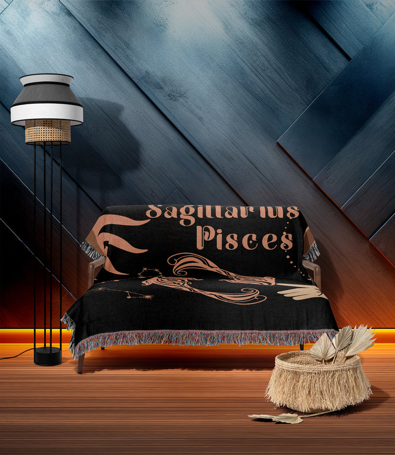 Pisces and Sagittarius Zodiac Compatibility Woven Throw Tapestry - Elevate home decor with this boho-inspired, celestial charm blanket. Perfect for astrology enthusiasts, featuring Pisces and Sagittarius sun signs, adding unique, artistic flair to your living space. Premium cotton, cozy, and decorative.