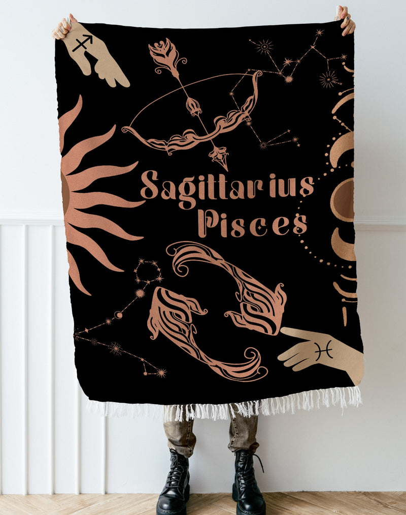 Pisces and Sagittarius Zodiac Compatibility Woven Throw Tapestry - Elevate home decor with this boho-inspired, celestial charm blanket. Perfect for astrology enthusiasts, featuring Pisces and Sagittarius sun signs, adding unique, artistic flair to your living space. Premium cotton, cozy, and decorative.