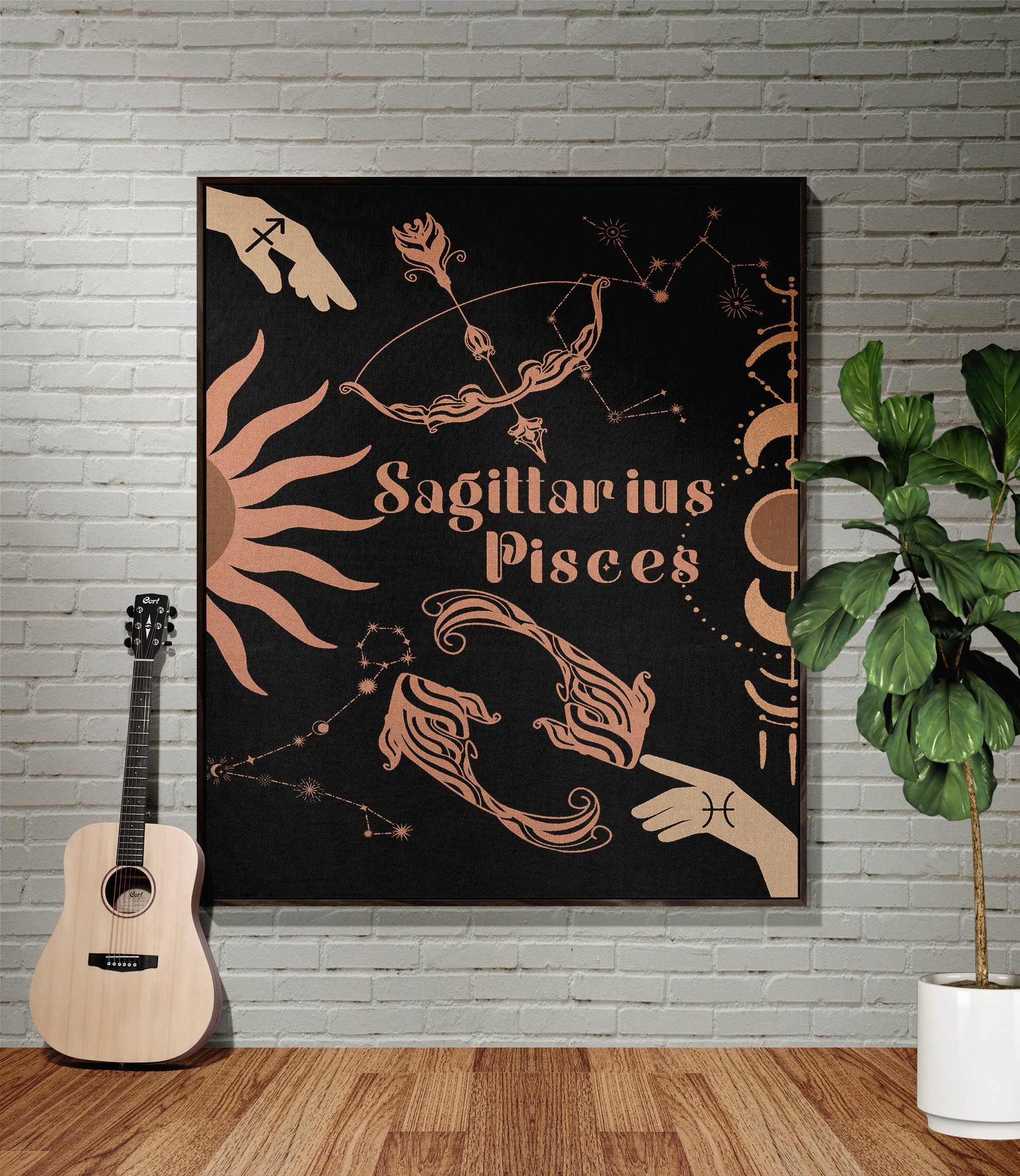 Pisces and Sagittarius Zodiac Compatibility Woven Throw Tapestry - Elevate home decor with this boho-inspired, celestial charm blanket. Perfect for astrology enthusiasts, featuring Pisces and Sagittarius sun signs, adding unique, artistic flair to your living space. Premium cotton, cozy, and decorative.
