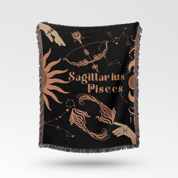 Pisces and Sagittarius Zodiac Compatibility Woven Throw Tapestry - Elevate home decor with this boho-inspired, celestial charm blanket. Perfect for astrology enthusiasts, featuring Pisces and Sagittarius sun signs, adding unique, artistic flair to your living space. Premium cotton, cozy, and decorative.