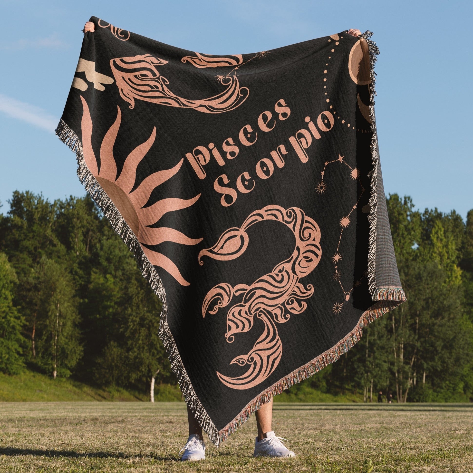 Pisces and Scorpio Zodiac Compatibility Woven Throw Tapestry - Elevate home decor with this boho-inspired, celestial charm blanket. Perfect for astrology enthusiasts, featuring Pisces and Scorpio sun signs, adding unique, artistic flair to your living space. Premium cotton, cozy, and 