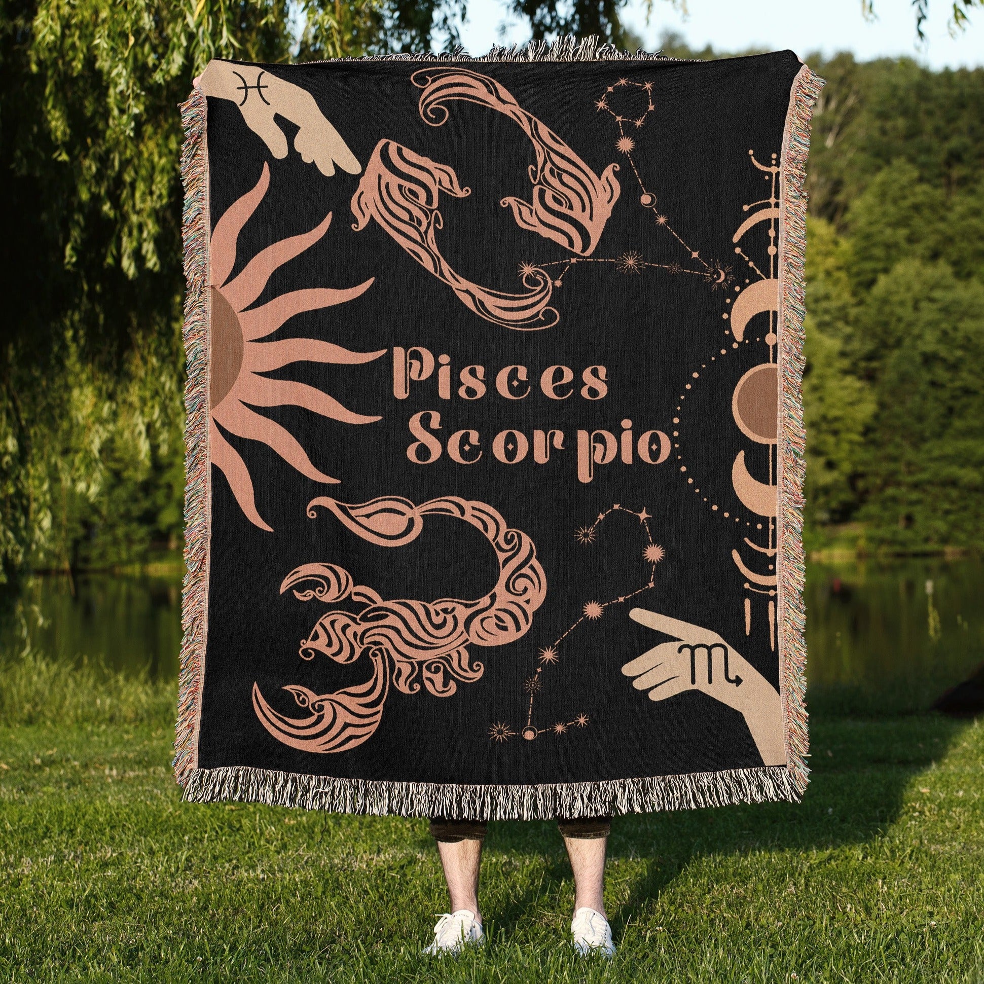 Pisces and Scorpio Zodiac Compatibility Woven Throw Tapestry - Elevate home decor with this boho-inspired, celestial charm blanket. Perfect for astrology enthusiasts, featuring Pisces and Scorpio sun signs, adding unique, artistic flair to your living space. Premium cotton, cozy, and 