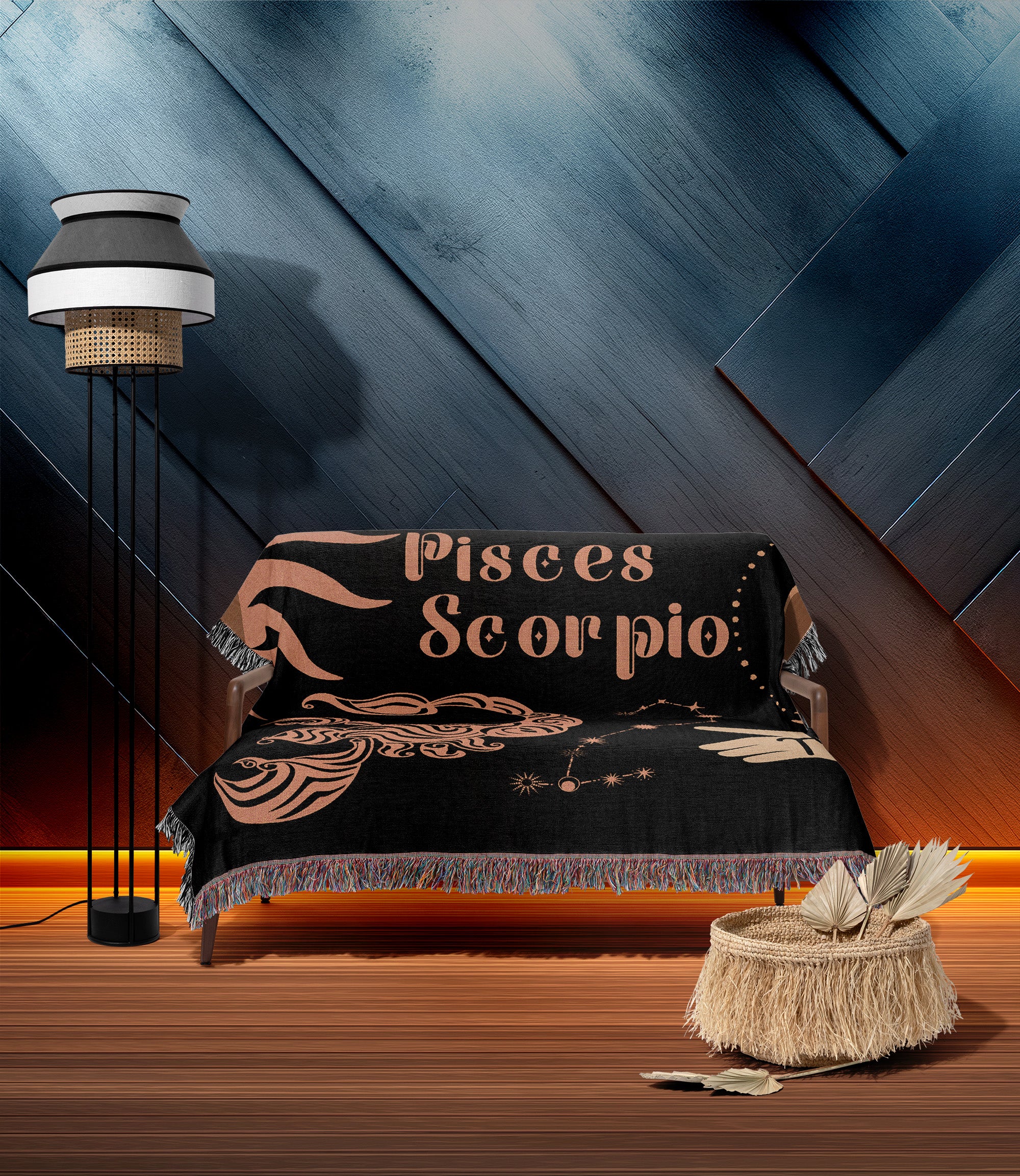Pisces and Scorpio Zodiac Compatibility Woven Throw Tapestry - Elevate home decor with this boho-inspired, celestial charm blanket. Perfect for astrology enthusiasts, featuring Pisces and Scorpio sun signs, adding unique, artistic flair to your living space. Premium cotton, cozy, and 