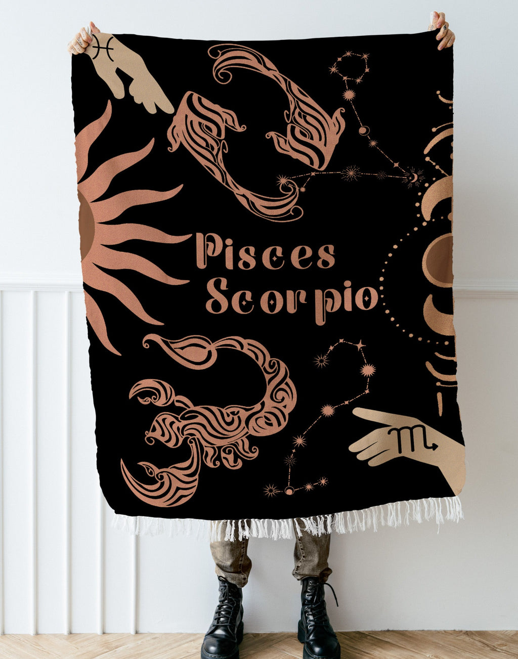 Pisces and Scorpio Zodiac Compatibility Woven Throw Tapestry - Elevate home decor with this boho-inspired, celestial charm blanket. Perfect for astrology enthusiasts, featuring Pisces and Scorpio sun signs, adding unique, artistic flair to your living space. Premium cotton, cozy, and 