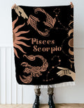 Pisces and Scorpio Zodiac Compatibility Woven Throw Tapestry - Elevate home decor with this boho-inspired, celestial charm blanket. Perfect for astrology enthusiasts, featuring Pisces and Scorpio sun signs, adding unique, artistic flair to your living space. Premium cotton, cozy, and 