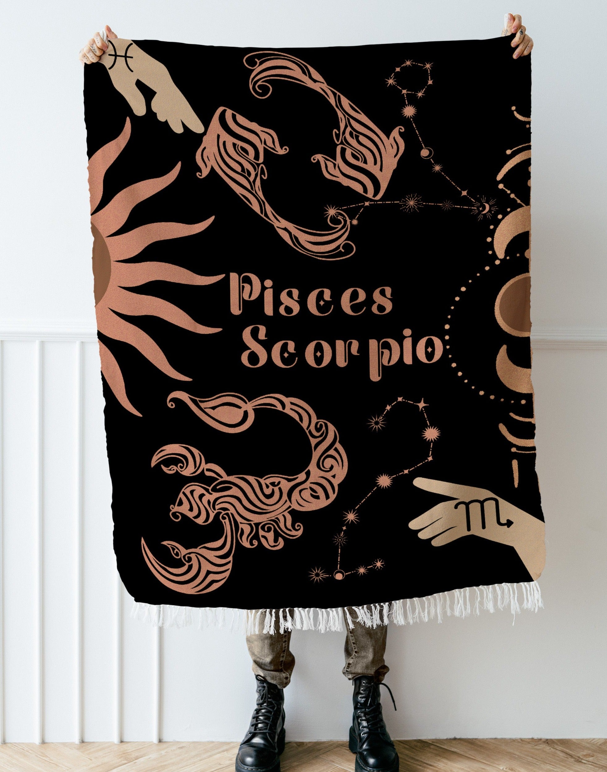 Pisces and Scorpio Zodiac Compatibility Woven Throw Tapestry - Elevate home decor with this boho-inspired, celestial charm blanket. Perfect for astrology enthusiasts, featuring Pisces and Scorpio sun signs, adding unique, artistic flair to your living space. Premium cotton, cozy, and 