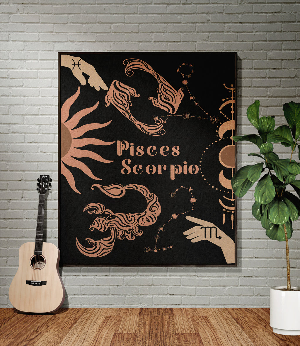 Pisces and Scorpio Zodiac Compatibility Woven Throw Tapestry - Elevate home decor with this boho-inspired, celestial charm blanket. Perfect for astrology enthusiasts, featuring Pisces and Scorpio sun signs, adding unique, artistic flair to your living space. Premium cotton, cozy, and 