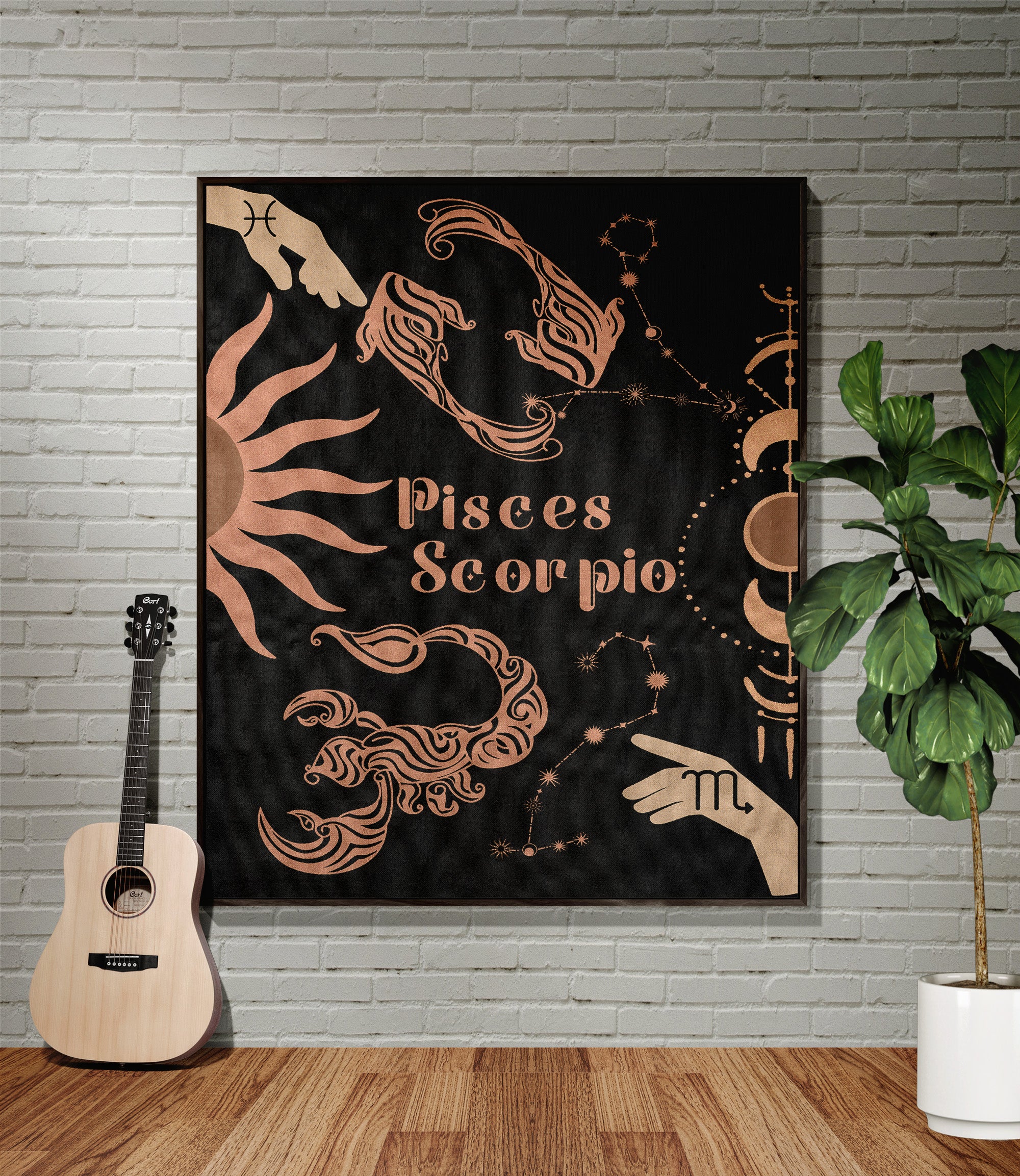Pisces and Scorpio Zodiac Compatibility Woven Throw Tapestry - Elevate home decor with this boho-inspired, celestial charm blanket. Perfect for astrology enthusiasts, featuring Pisces and Scorpio sun signs, adding unique, artistic flair to your living space. Premium cotton, cozy, and 