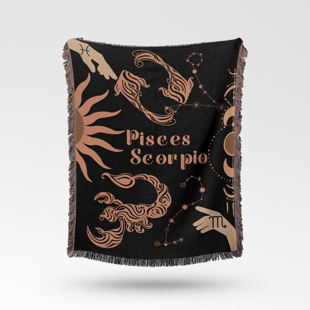 Pisces and Scorpio Zodiac Compatibility Woven Throw Tapestry - Elevate home decor with this boho-inspired, celestial charm blanket. Perfect for astrology enthusiasts, featuring Pisces and Scorpio sun signs, adding unique, artistic flair to your living space. Premium cotton, cozy, and 