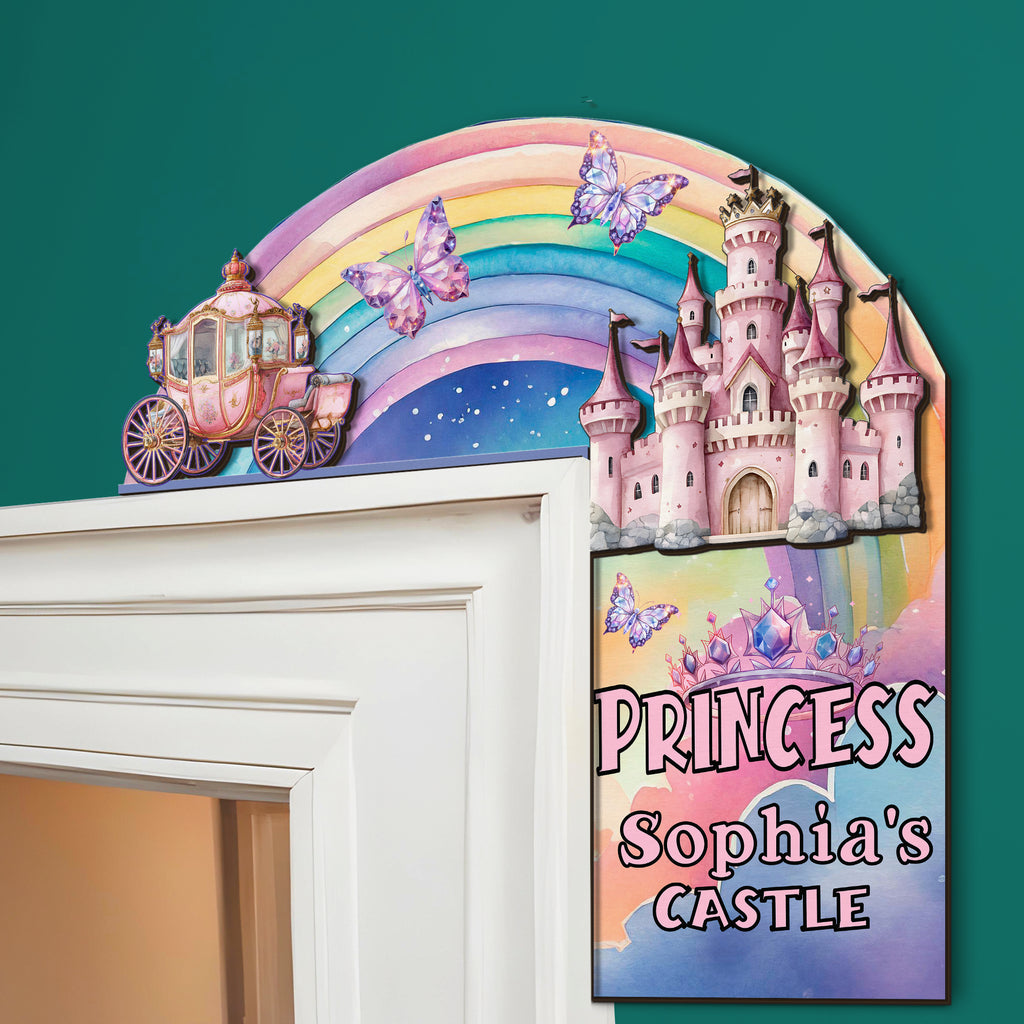Custom princess bedroom name sign, double-layer design displayed on a white door