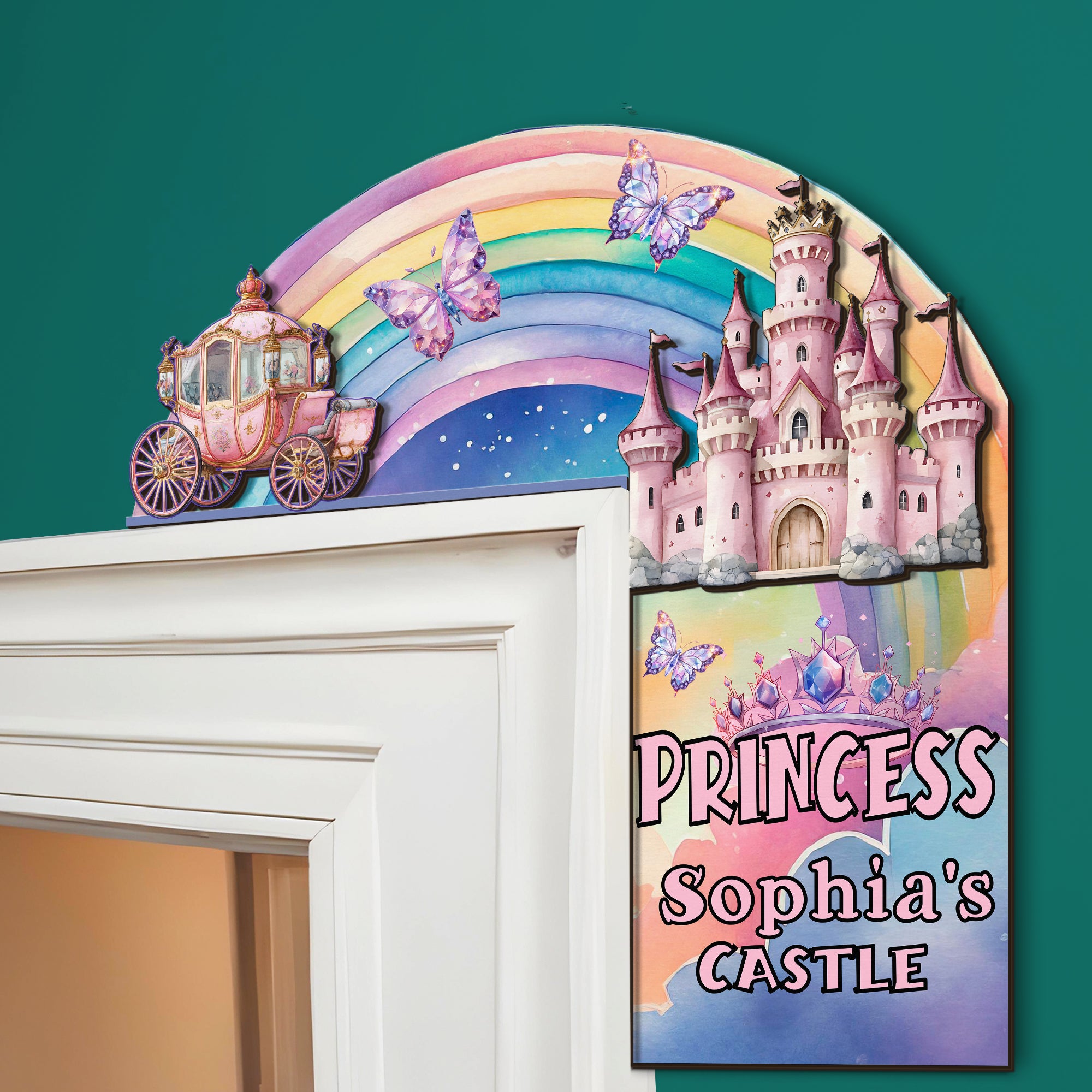 PERSONALIZED Wooden Door Corner | CUSTOM Door Topper Name Plate for KIDS | Single/Double Layer | 10” & 15” Sizes | Princess