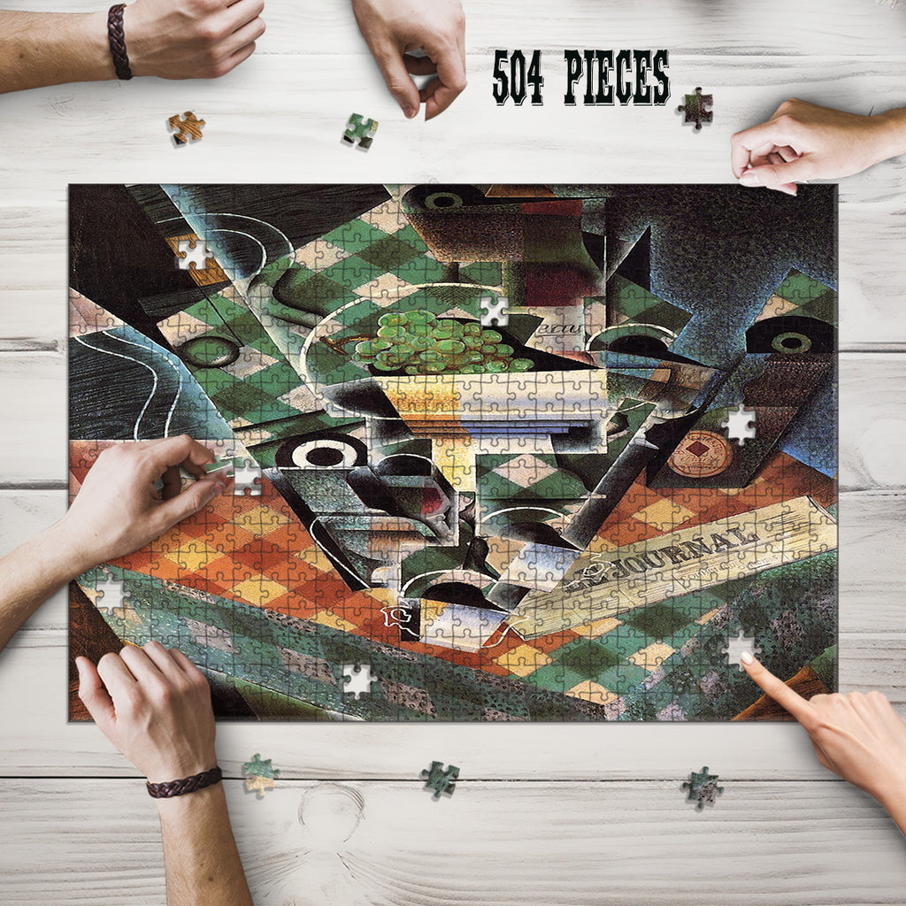 Hands assembling the 504-piece Vintage Geometric Abstract wooden jigsaw puzzle