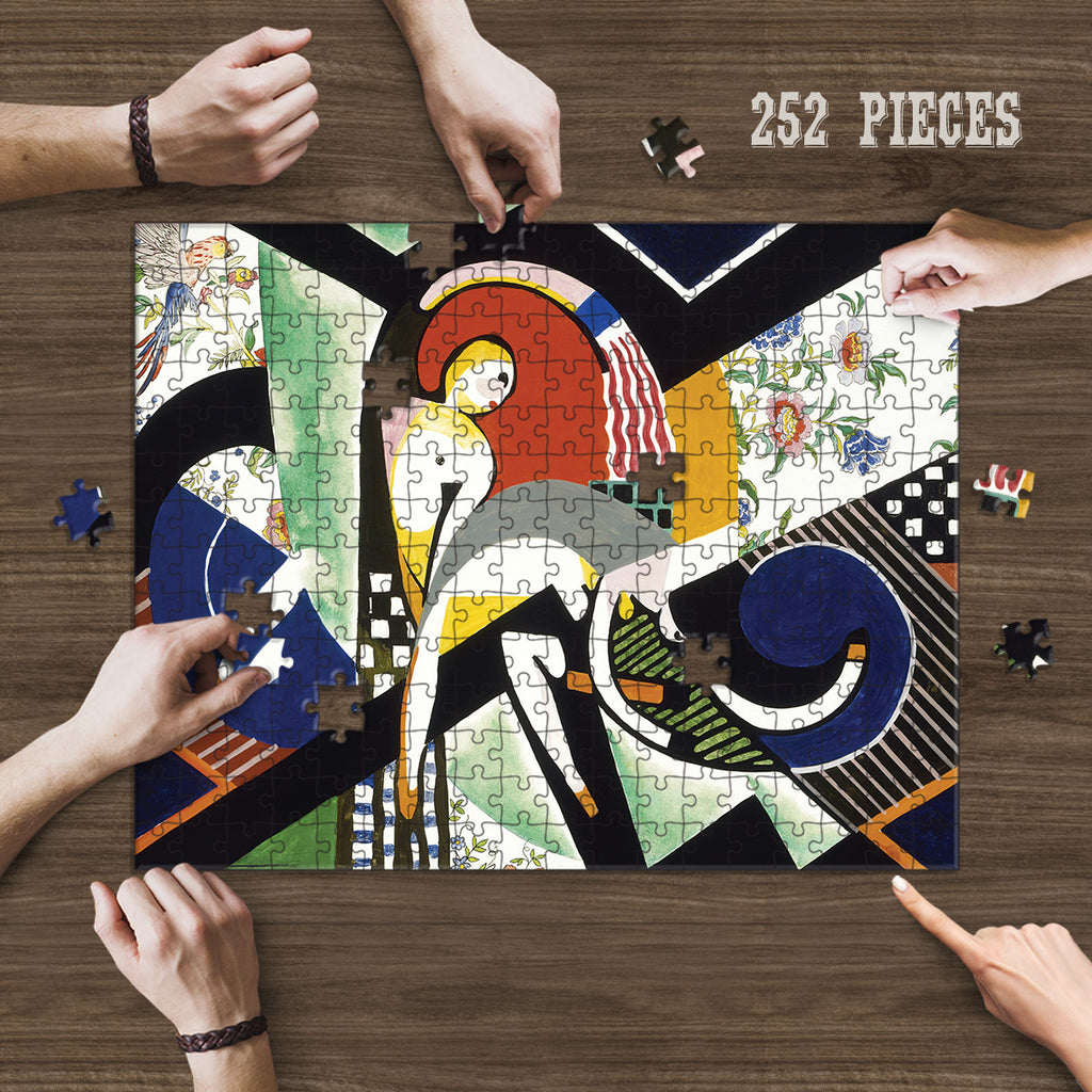 Hands assembling the 252-piece Abstract Geometric Vintage Art wooden jigsaw puzzle