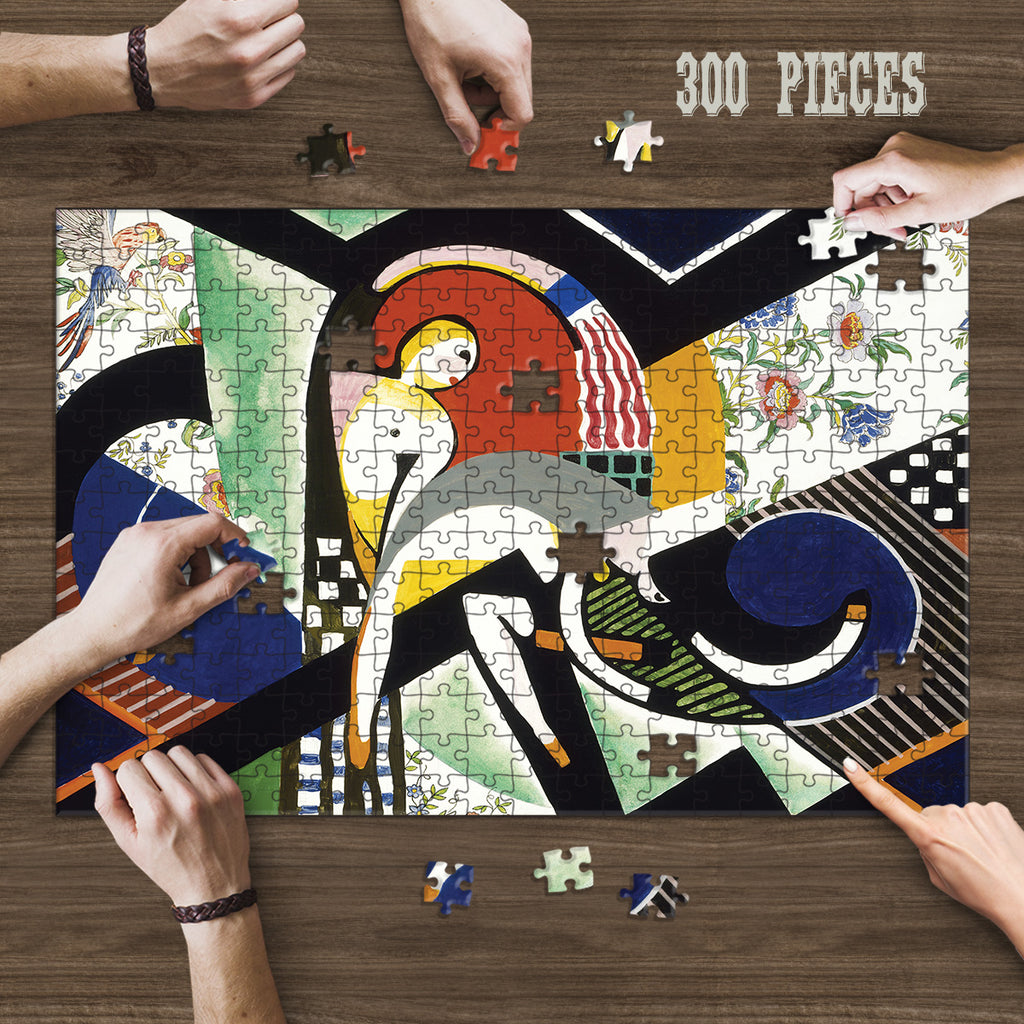 Hands assembling the 300-piece Abstract Geometric Vintage Art wooden jigsaw puzzle