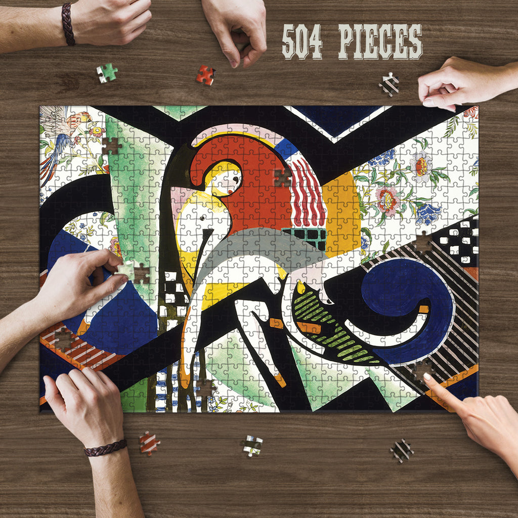 Hands assembling the 504-piece Abstract Geometric Vintage Art wooden jigsaw puzzle