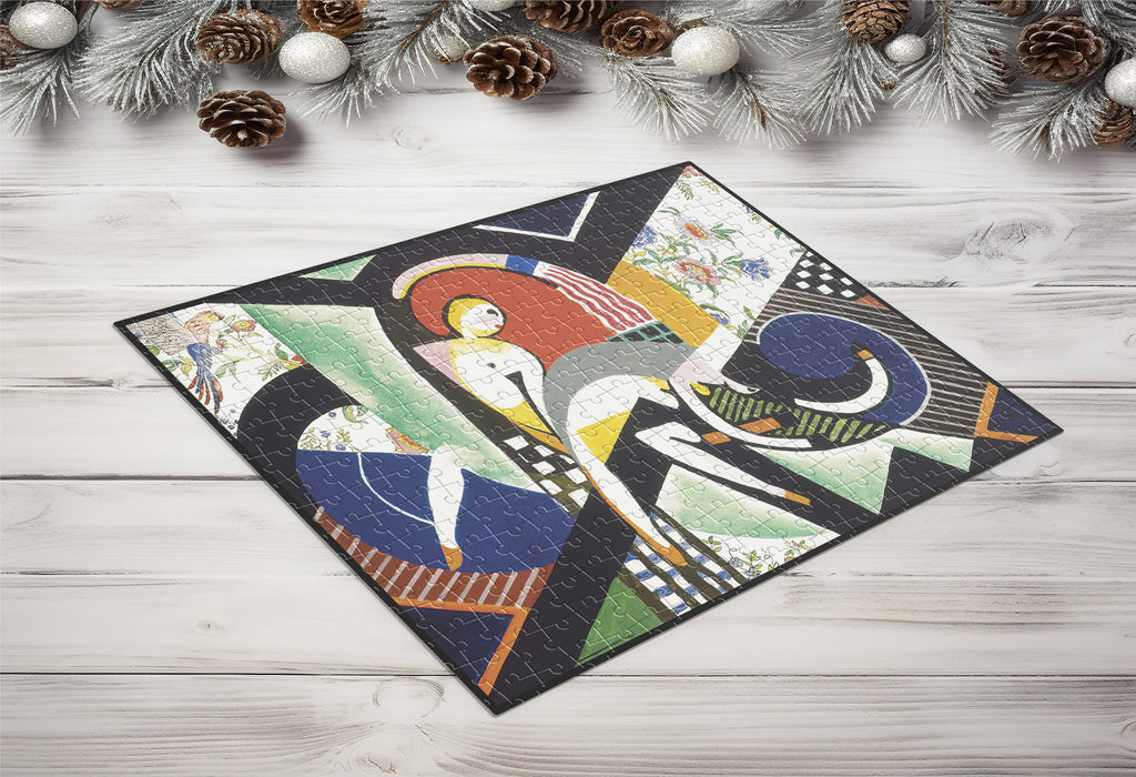 Completed Abstract Geometric Vintage Art wooden jigsaw puzzle displayed flat