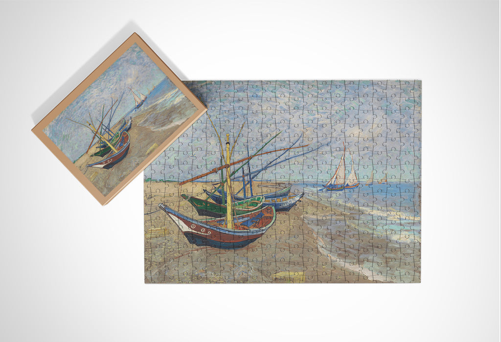 Vintage Harbour Boats wooden jigsaw puzzle displayed with its matching box