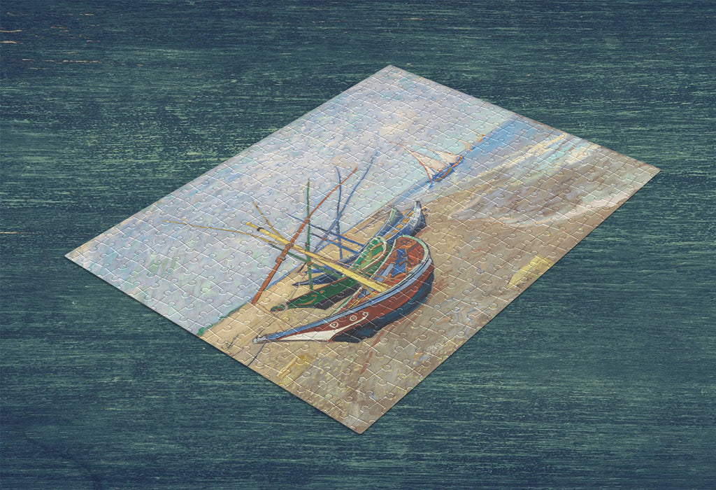 Completed Vintage Harbour Boats wooden jigsaw puzzle displayed flat