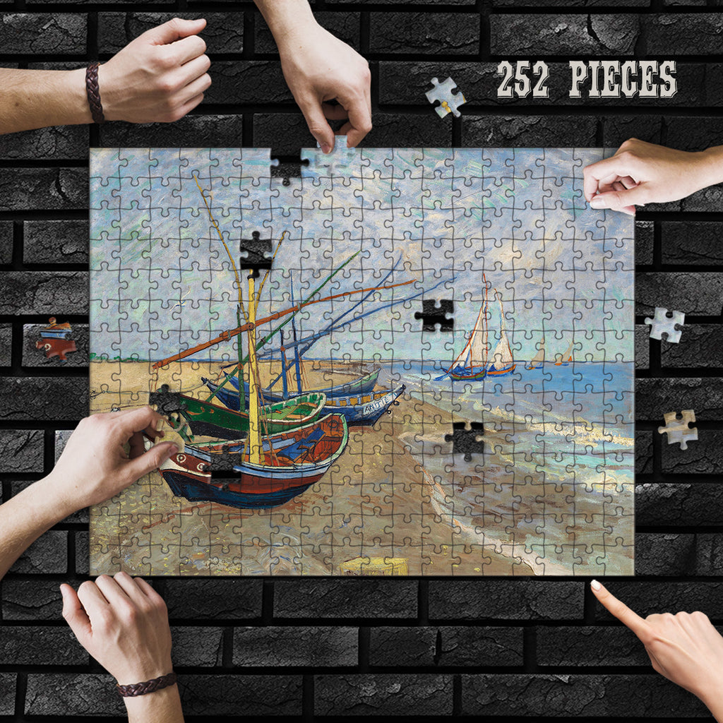 Hands assembling the 252-piece Vintage Harbour Boats wooden jigsaw puzzle
