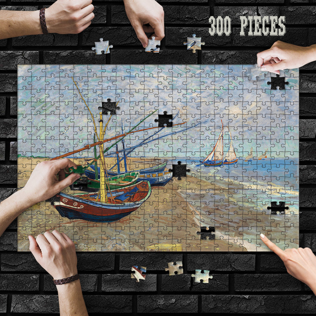 Hands assembling the 300-piece Vintage Harbour Boats wooden jigsaw puzzle