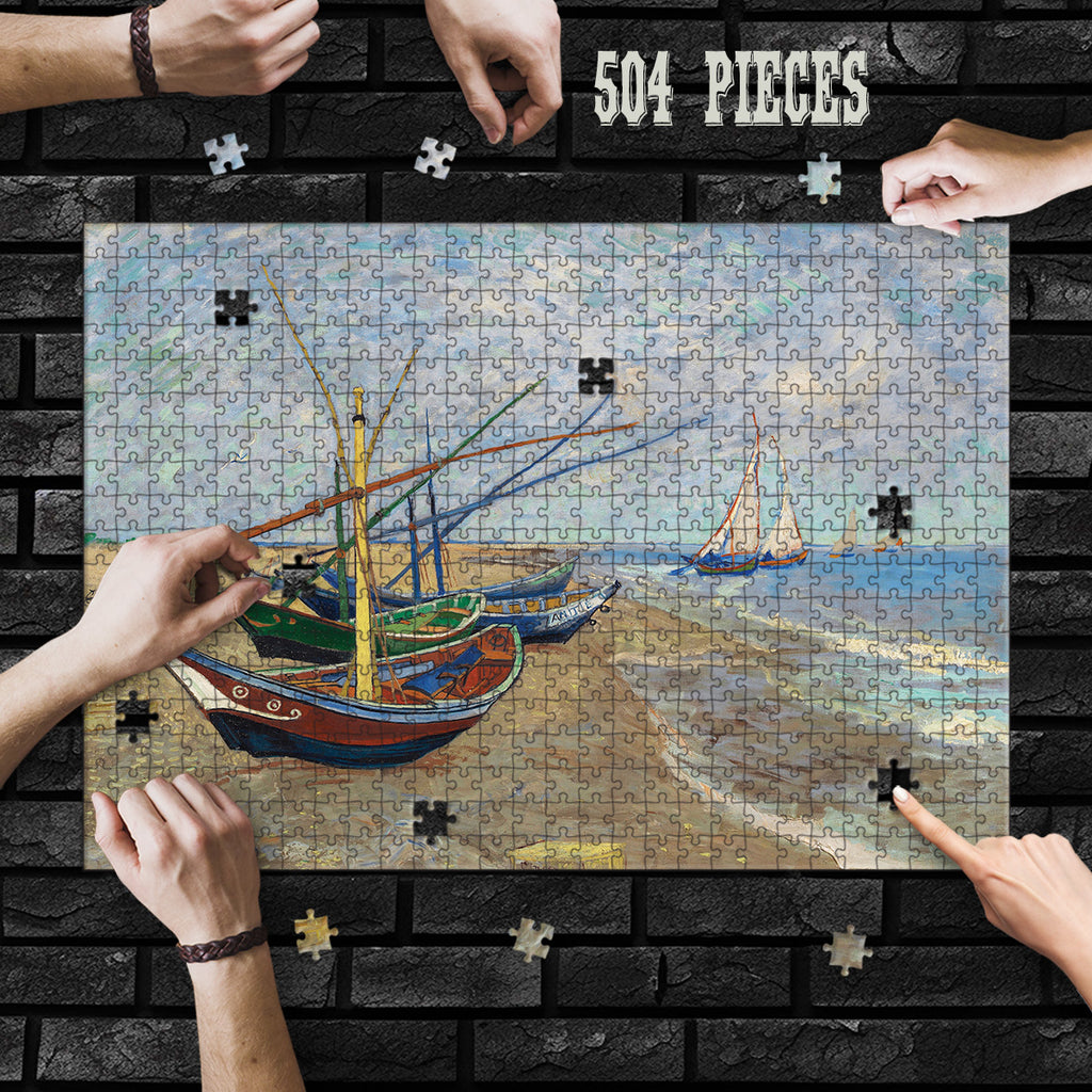 Hands assembling the 504-piece Vintage Harbour Boats wooden jigsaw puzzle