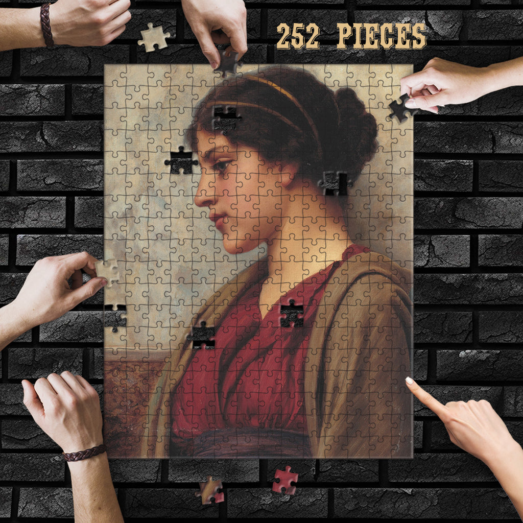 Hands assembling the 252-piece Vintage Woman Portrait wooden jigsaw puzzle