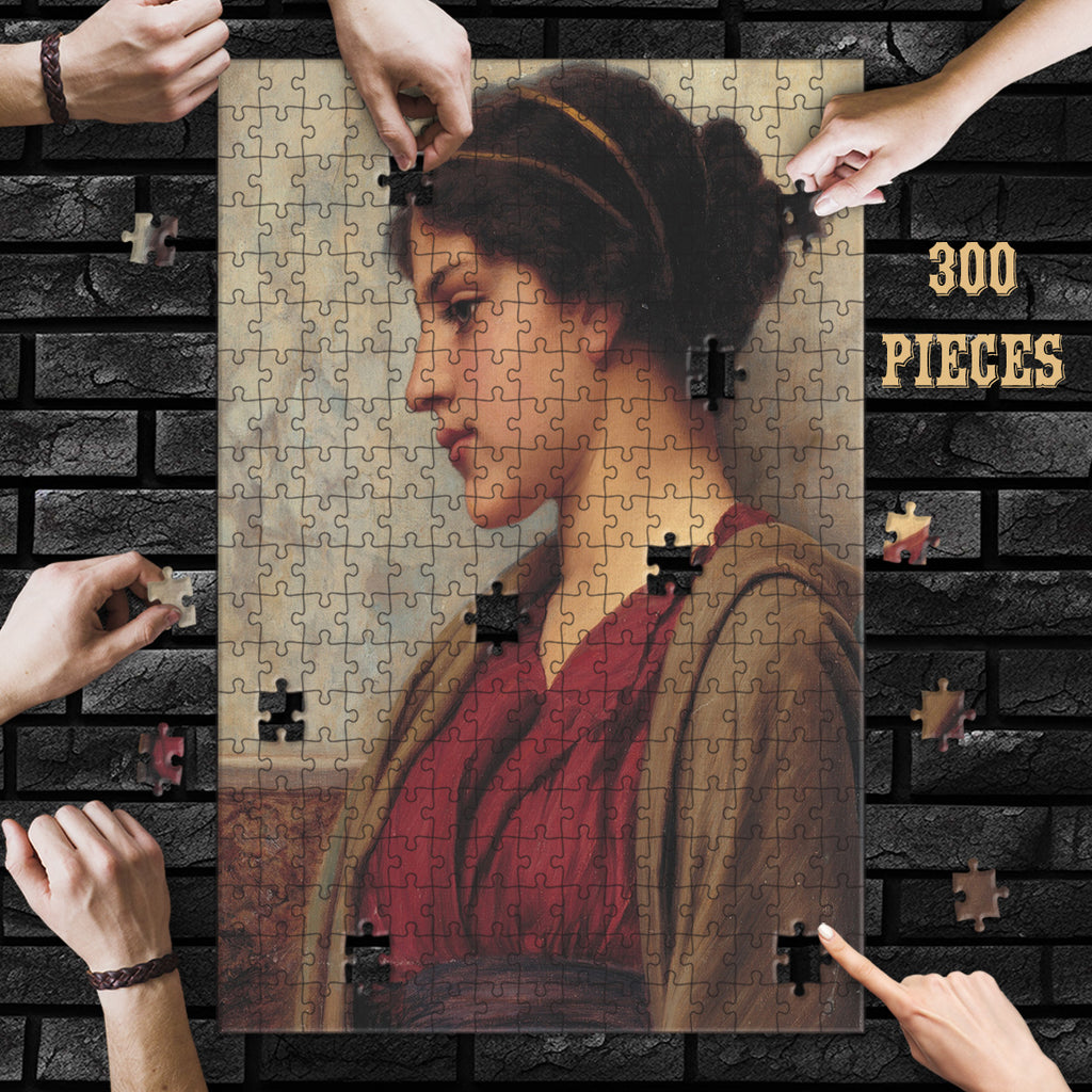 Hands assembling the 300-piece Vintage Woman Portrait wooden jigsaw puzzle