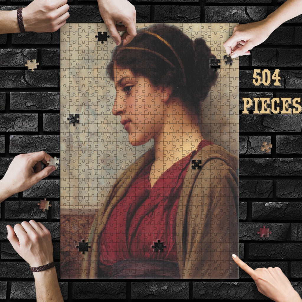 Hands assembling the 504-piece Vintage Woman Portrait wooden jigsaw puzzle