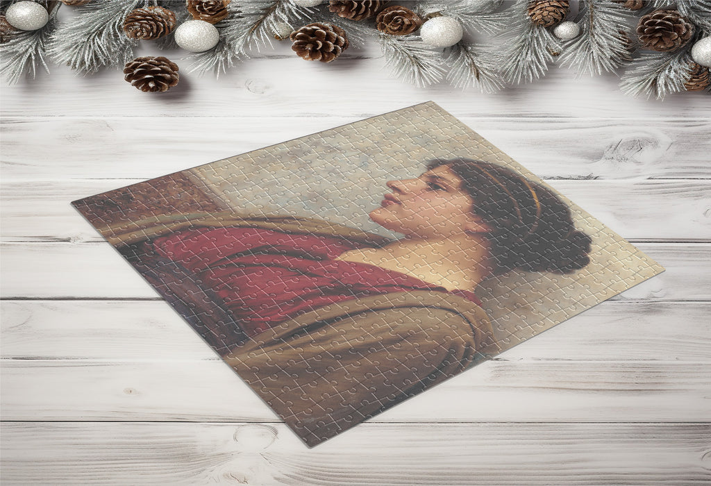 Completed Vintage Woman Portrait wooden jigsaw puzzle displayed flat