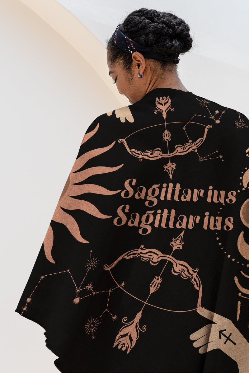 Sagittarius and Sagittarius Zodiac Compatibility Woven Throw Tapestry - Elevate home decor with this boho-inspired, celestial charm blanket. Perfect for astrology enthusiasts, featuring Sagittarius and Sagittarius sun signs, adding unique, artistic flair to your living space. Premium cotton, cozy, and decorative.