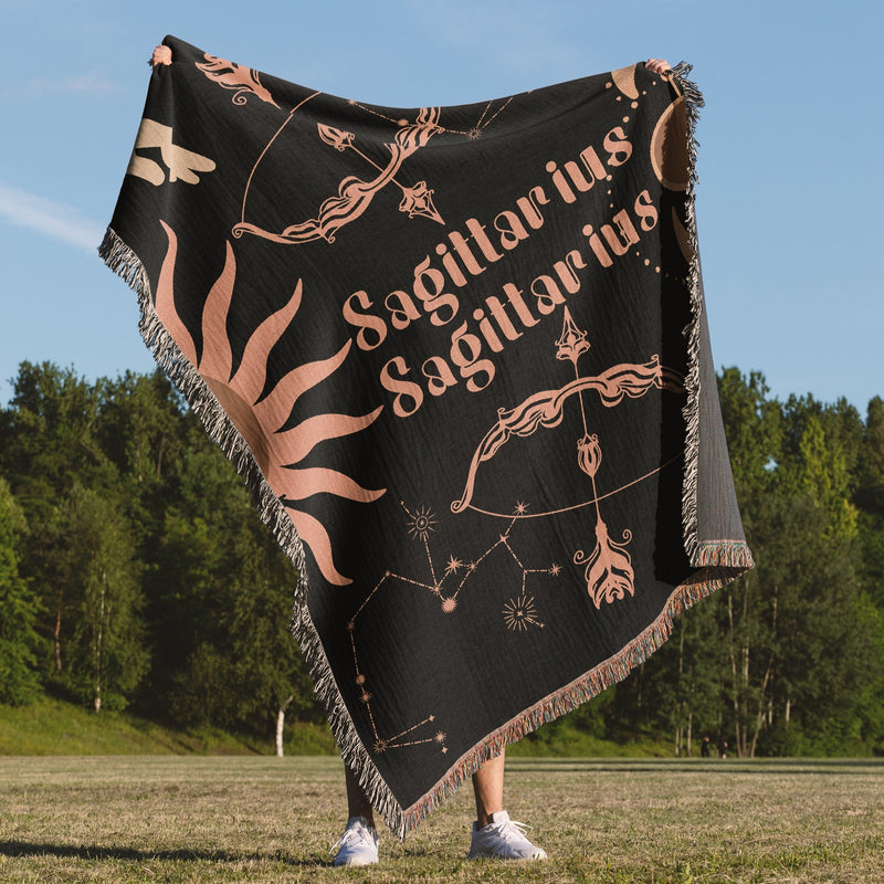 Sagittarius and Sagittarius Zodiac Compatibility Woven Throw Tapestry - Elevate home decor with this boho-inspired, celestial charm blanket. Perfect for astrology enthusiasts, featuring Sagittarius and Sagittarius sun signs, adding unique, artistic flair to your living space. Premium cotton, cozy, and decorative.