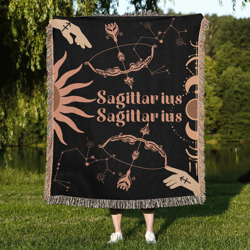 Sagittarius and Sagittarius Zodiac Compatibility Woven Throw Tapestry - Elevate home decor with this boho-inspired, celestial charm blanket. Perfect for astrology enthusiasts, featuring Sagittarius and Sagittarius sun signs, adding unique, artistic flair to your living space. Premium cotton, cozy, and decorative.