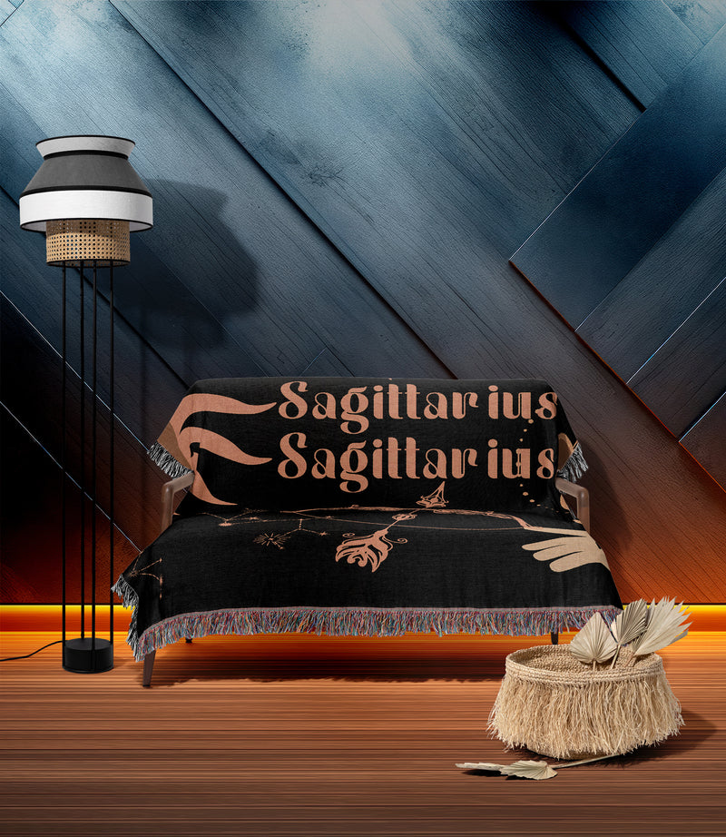 Sagittarius and Sagittarius Zodiac Compatibility Woven Throw Tapestry - Elevate home decor with this boho-inspired, celestial charm blanket. Perfect for astrology enthusiasts, featuring Sagittarius and Sagittarius sun signs, adding unique, artistic flair to your living space. Premium cotton, cozy, and decorative.