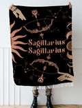 Sagittarius and Sagittarius Zodiac Compatibility Woven Throw Tapestry - Elevate home decor with this boho-inspired, celestial charm blanket. Perfect for astrology enthusiasts, featuring Sagittarius and Sagittarius sun signs, adding unique, artistic flair to your living space. Premium cotton, cozy, and decorative.