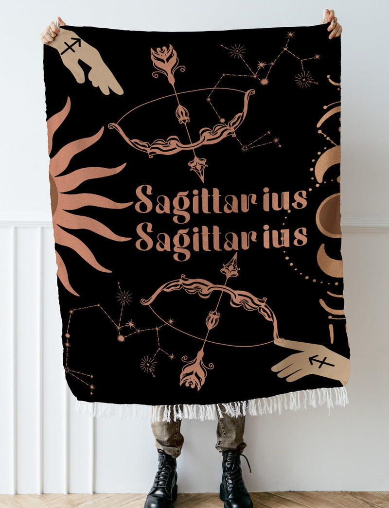 Sagittarius and Sagittarius Zodiac Compatibility Woven Throw Tapestry - Elevate home decor with this boho-inspired, celestial charm blanket. Perfect for astrology enthusiasts, featuring Sagittarius and Sagittarius sun signs, adding unique, artistic flair to your living space. Premium cotton, cozy, and decorative.