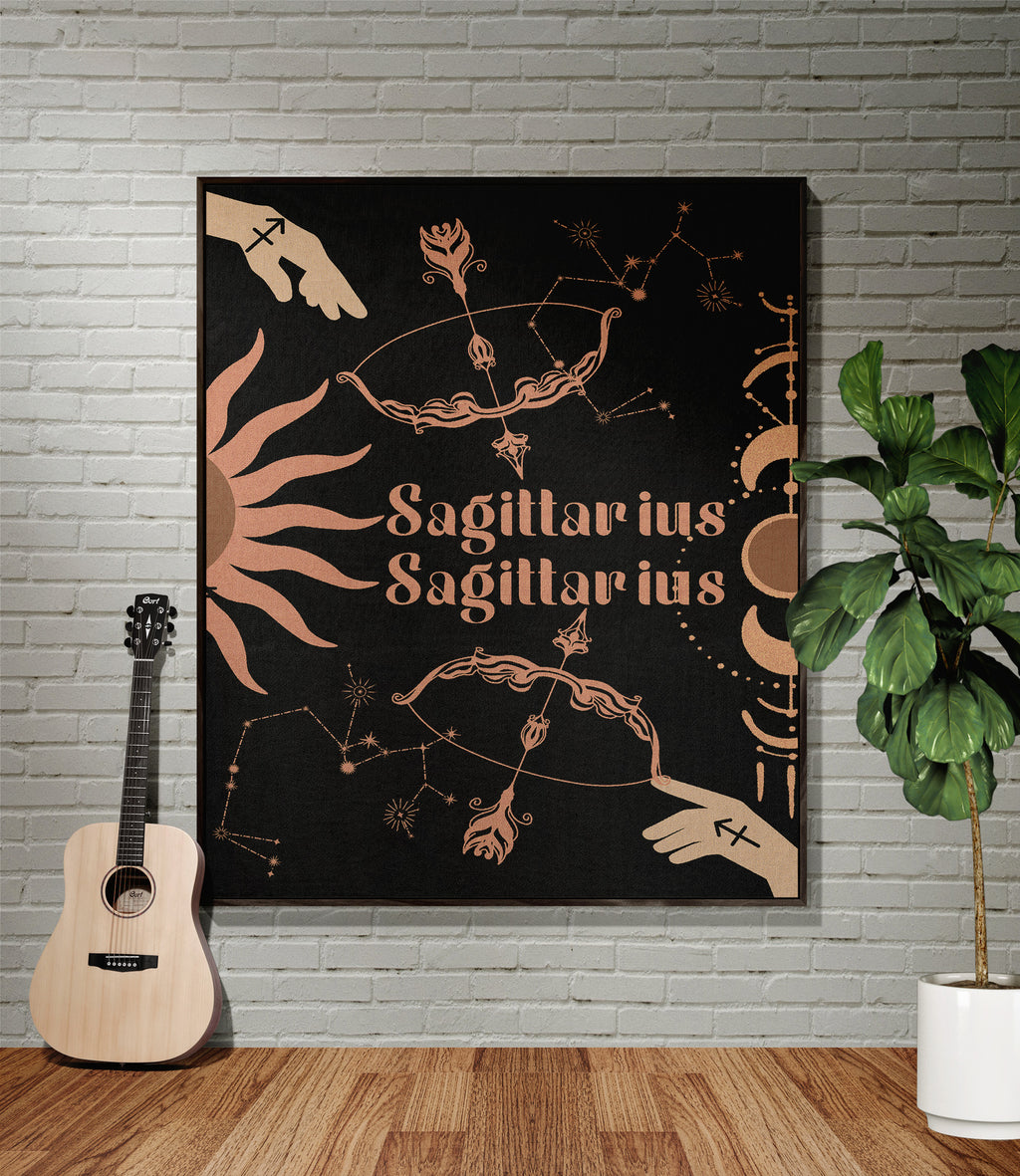 Sagittarius and Sagittarius Zodiac Compatibility Woven Throw Tapestry - Elevate home decor with this boho-inspired, celestial charm blanket. Perfect for astrology enthusiasts, featuring Sagittarius and Sagittarius sun signs, adding unique, artistic flair to your living space. Premium cotton, cozy, and decorative.