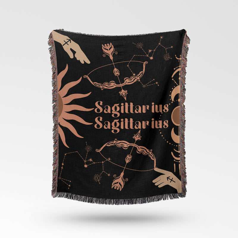 Sagittarius and Sagittarius Zodiac Compatibility Woven Throw Tapestry - Elevate home decor with this boho-inspired, celestial charm blanket. Perfect for astrology enthusiasts, featuring Sagittarius and Sagittarius sun signs, adding unique, artistic flair to your living space. Premium cotton, cozy, and decorative.