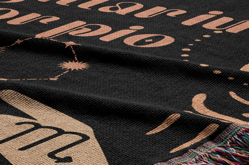 Sagittarius and Scorpio Zodiac Compatibility Woven Throw Tapestry - Elevate home decor with this boho-inspired, celestial charm blanket. Perfect for astrology enthusiasts, featuring Sagittarius and Scorpio sun signs, adding unique, artistic flair to your living space. Premium cotton, cozy, and decorative.
