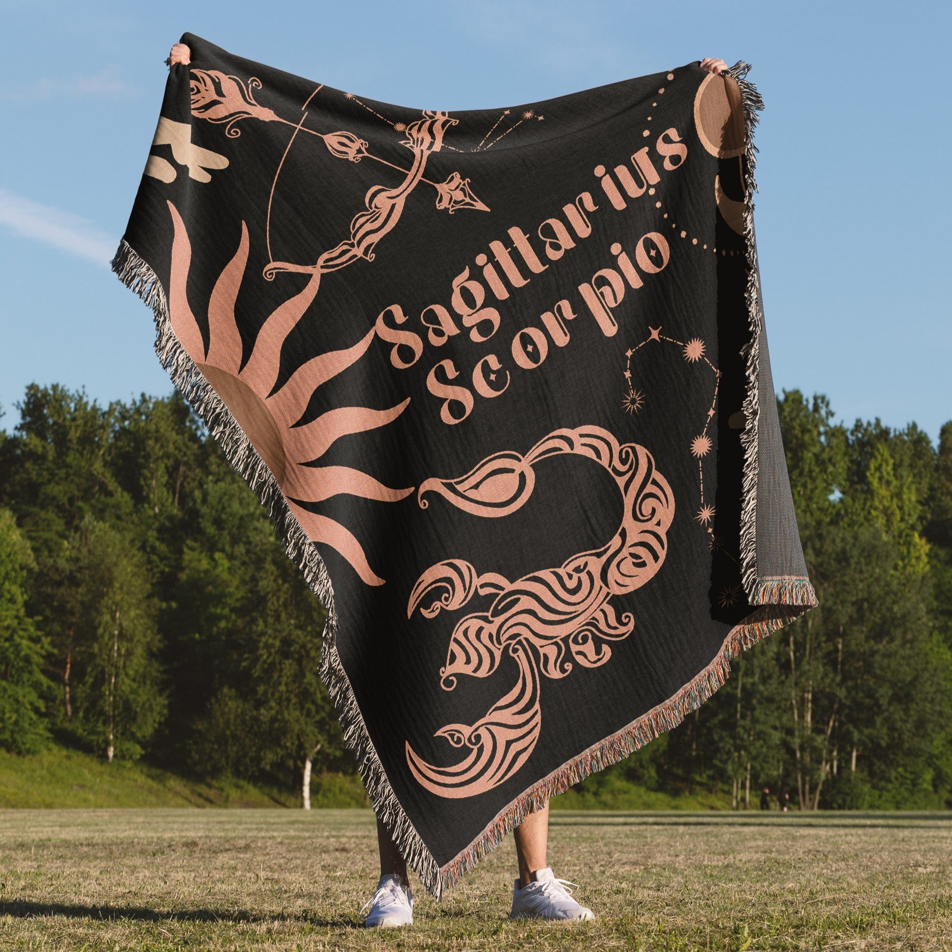 Sagittarius and Scorpio Zodiac Compatibility Woven Throw Tapestry - Elevate home decor with this boho-inspired, celestial charm blanket. Perfect for astrology enthusiasts, featuring Sagittarius and Scorpio sun signs, adding unique, artistic flair to your living space. Premium cotton, cozy, and decorative.
