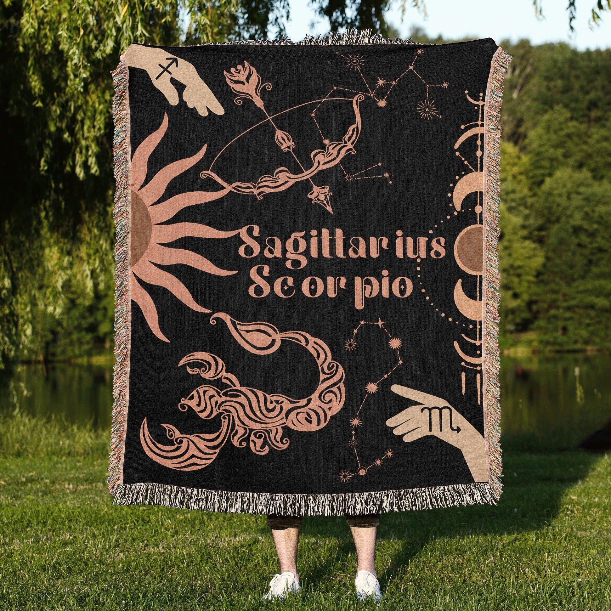 Sagittarius and Scorpio Zodiac Compatibility Woven Throw Tapestry - Elevate home decor with this boho-inspired, celestial charm blanket. Perfect for astrology enthusiasts, featuring Sagittarius and Scorpio sun signs, adding unique, artistic flair to your living space. Premium cotton, cozy, and decorative.