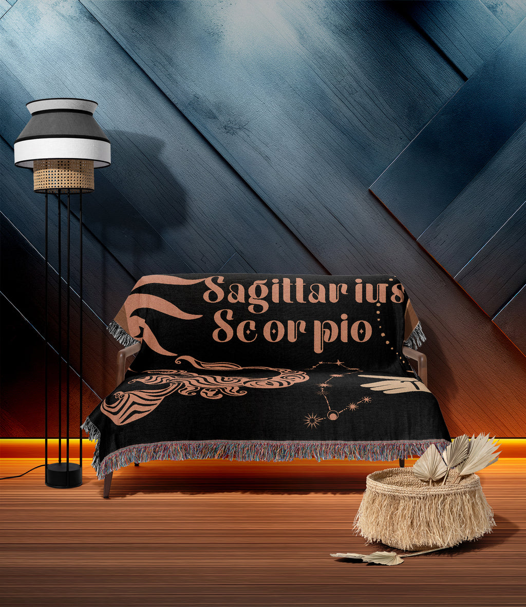 Sagittarius and Scorpio Zodiac Compatibility Woven Throw Tapestry - Elevate home decor with this boho-inspired, celestial charm blanket. Perfect for astrology enthusiasts, featuring Sagittarius and Scorpio sun signs, adding unique, artistic flair to your living space. Premium cotton, cozy, and decorative.