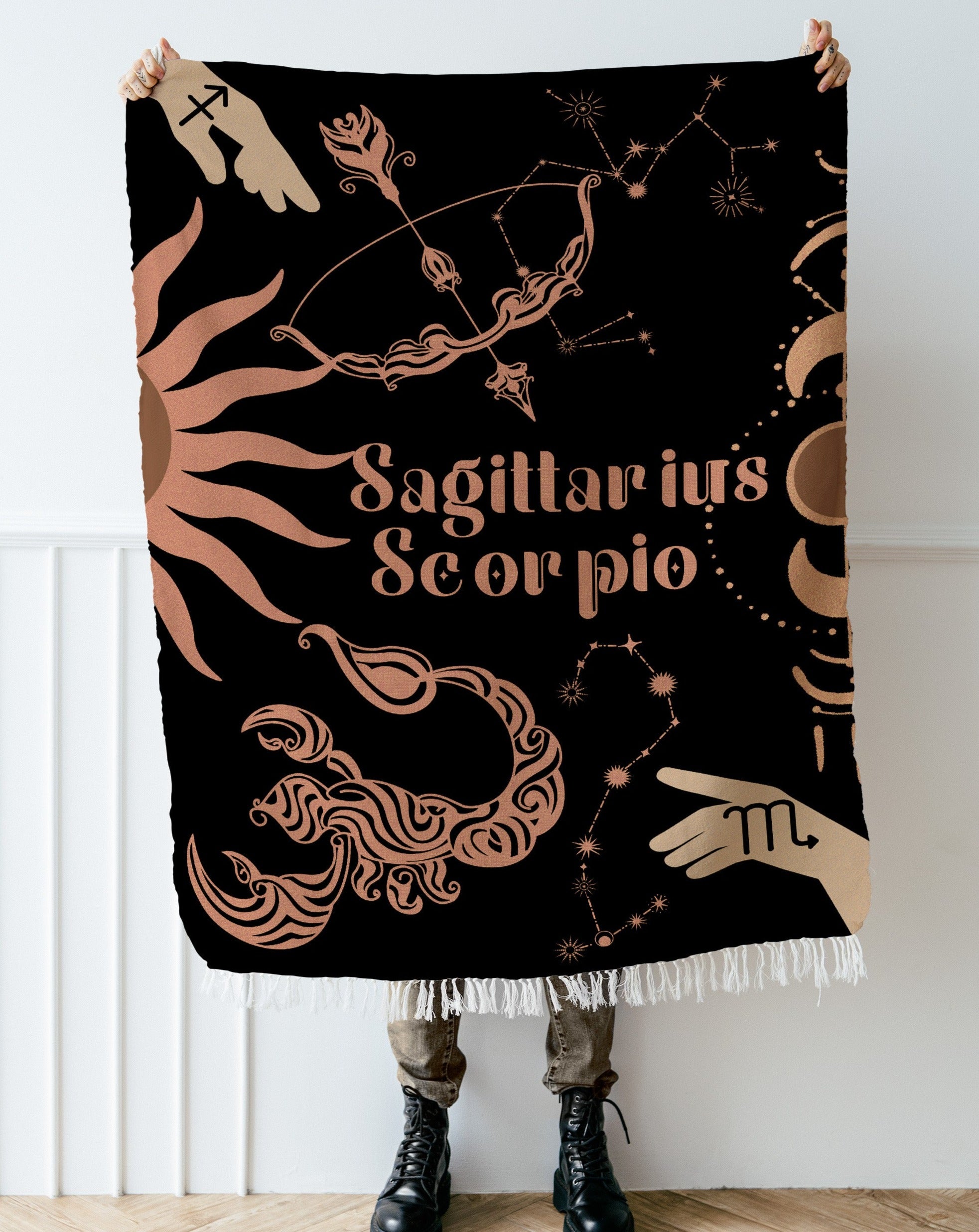 Sagittarius and Scorpio Zodiac Compatibility Woven Throw Tapestry - Elevate home decor with this boho-inspired, celestial charm blanket. Perfect for astrology enthusiasts, featuring Sagittarius and Scorpio sun signs, adding unique, artistic flair to your living space. Premium cotton, cozy, and decorative.
