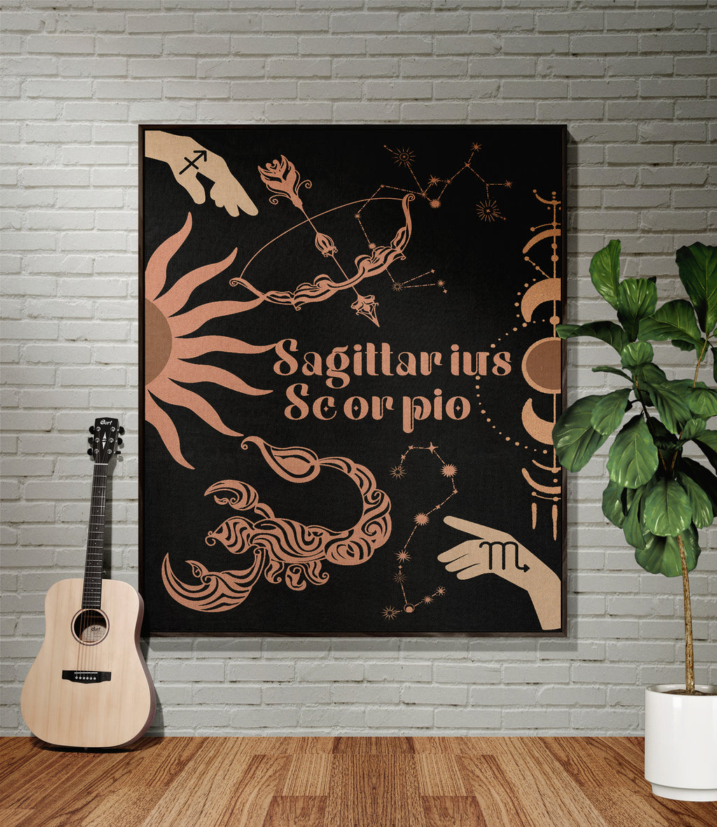 Sagittarius and Scorpio Zodiac Compatibility Woven Throw Tapestry - Elevate home decor with this boho-inspired, celestial charm blanket. Perfect for astrology enthusiasts, featuring Sagittarius and Scorpio sun signs, adding unique, artistic flair to your living space. Premium cotton, cozy, and decorative.