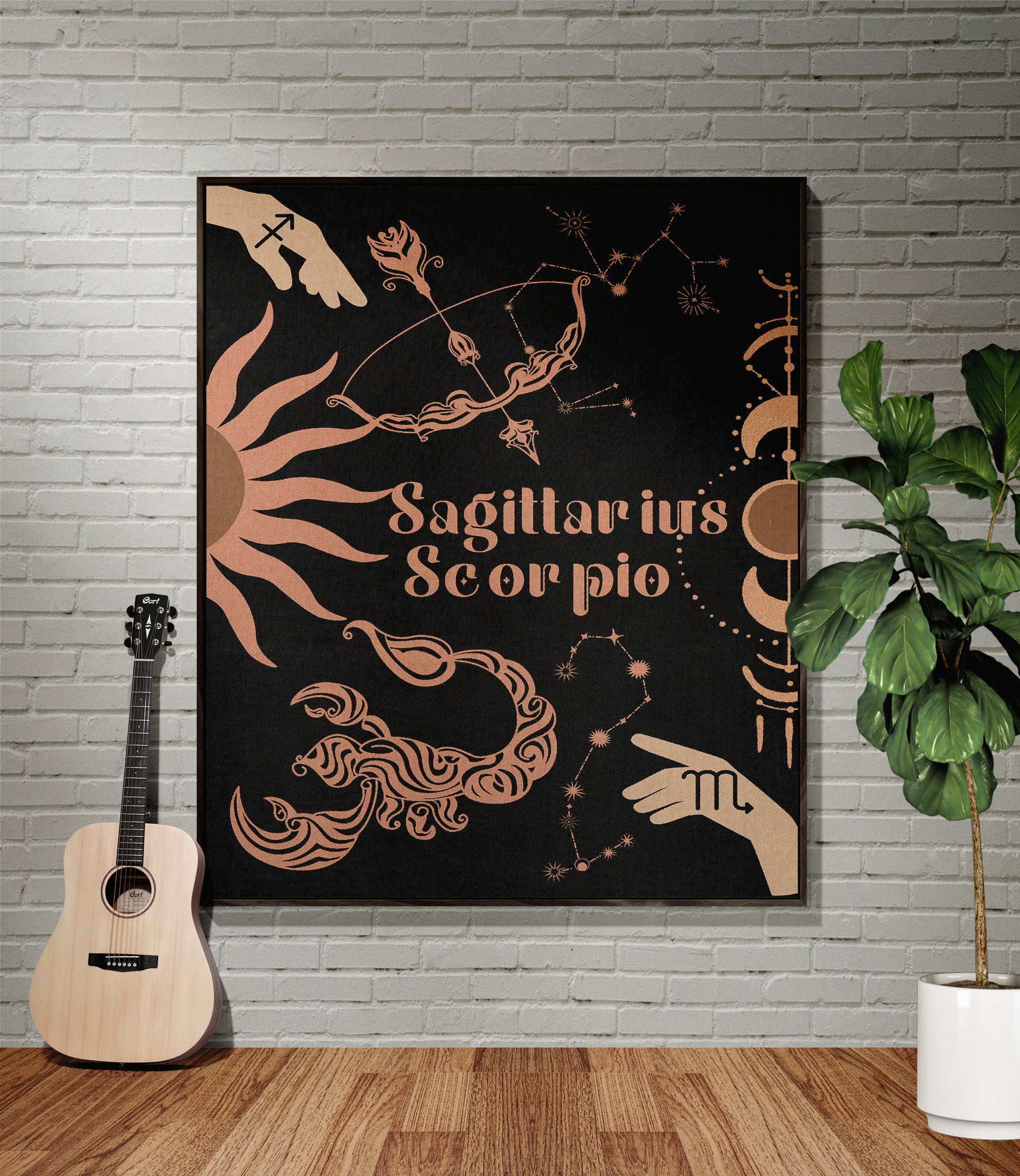 Sagittarius and Scorpio Zodiac Compatibility Woven Throw Tapestry - Elevate home decor with this boho-inspired, celestial charm blanket. Perfect for astrology enthusiasts, featuring Sagittarius and Scorpio sun signs, adding unique, artistic flair to your living space. Premium cotton, cozy, and decorative.